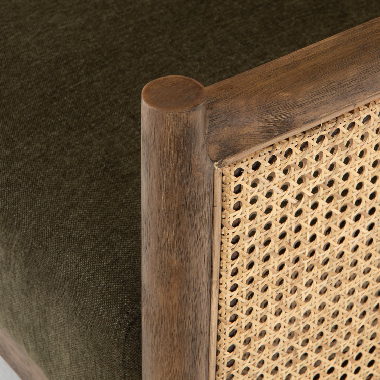 Chenille Olive Green Accent Chair with Rattan Inlay and Wooden Frame