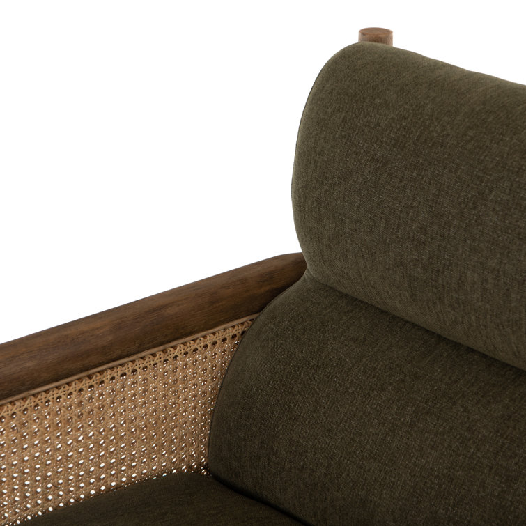 Chenille Olive Green Accent Chair with Rattan Inlay and Wooden Frame