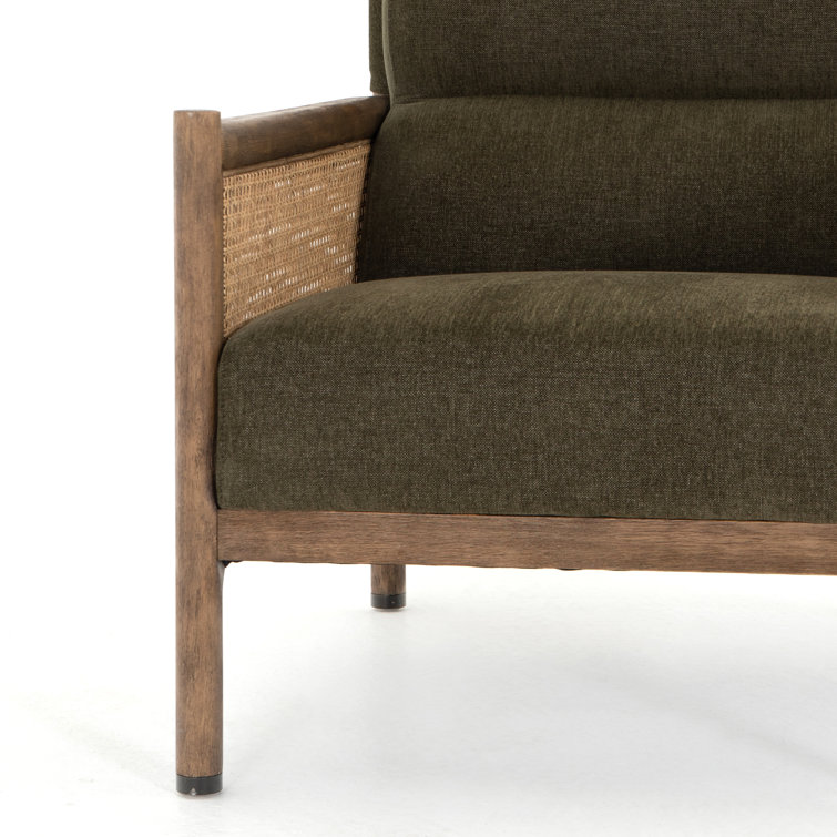 Chenille Olive Green Accent Chair with Rattan Inlay and Wooden Frame