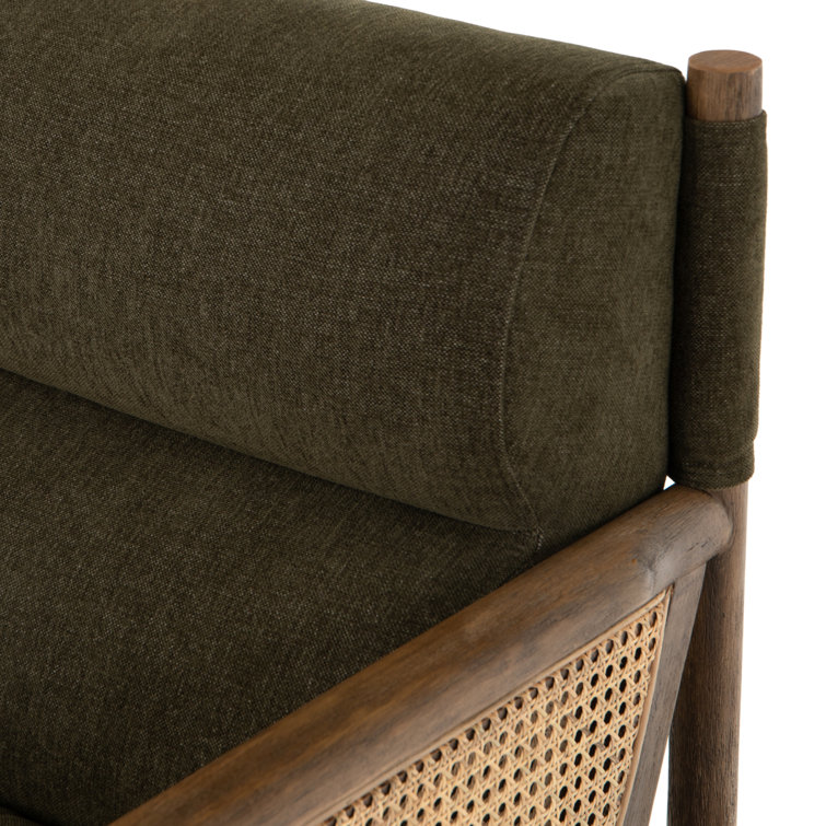 Chenille Olive Green Accent Chair with Rattan Inlay and Wooden Frame