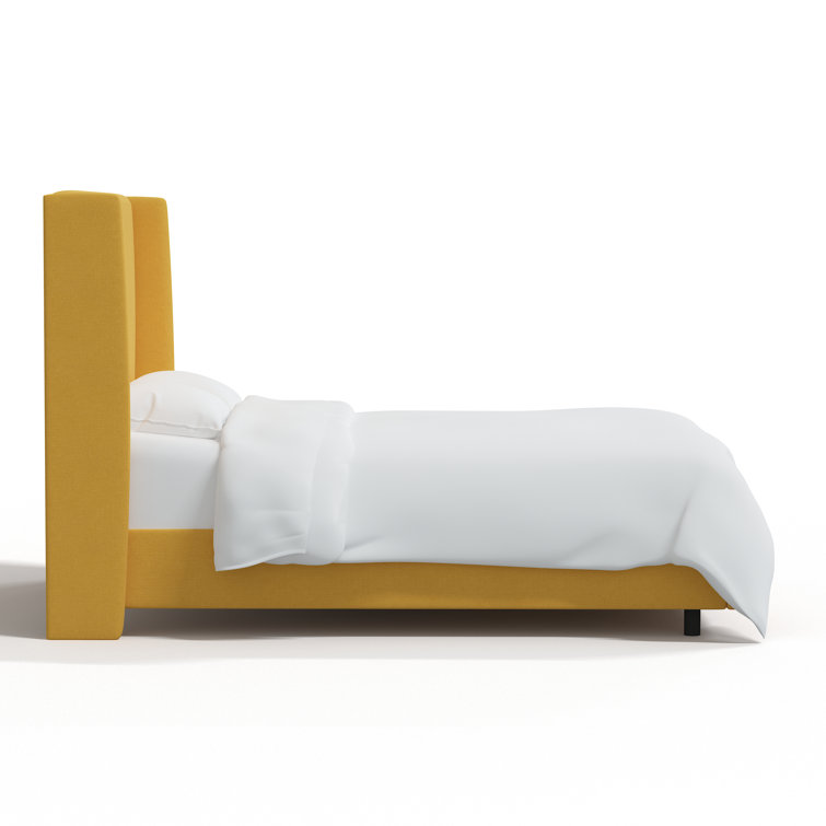Beige Queen Upholstered Wingback Bed with Wood Frame