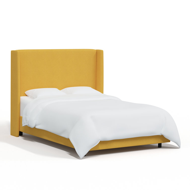 Beige Queen Upholstered Wingback Bed with Wood Frame