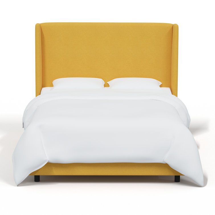 Beige Queen Upholstered Wingback Bed with Wood Frame