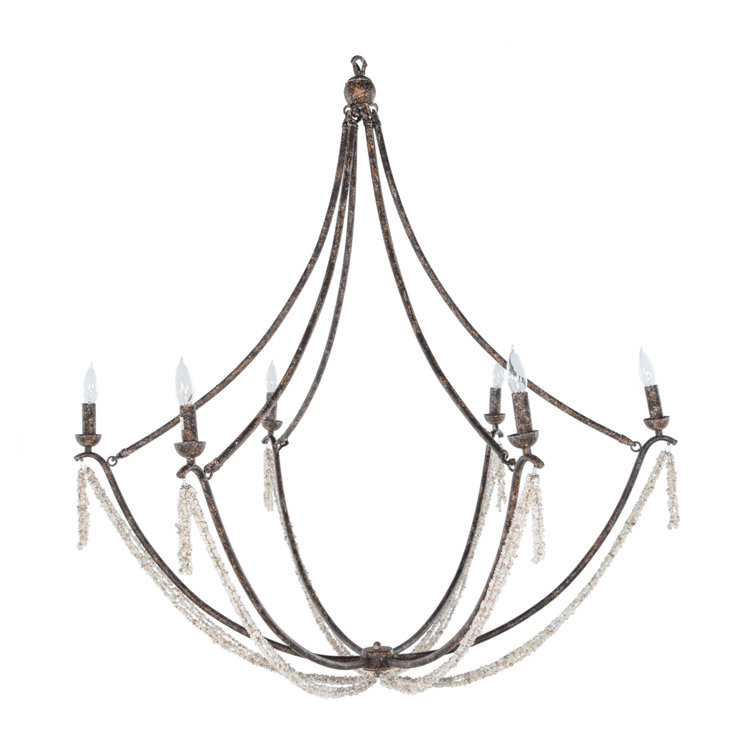 Rust Brown Metal and White Stone 6-Light Candle Chandelier