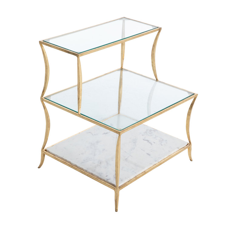 Gold Leafed Iron Frame Glass Top End Table with Marble Shelf