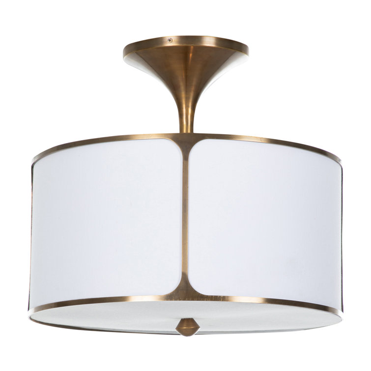 Aged Bronze and Salt Linen Drum Semi-Flush Mount Light