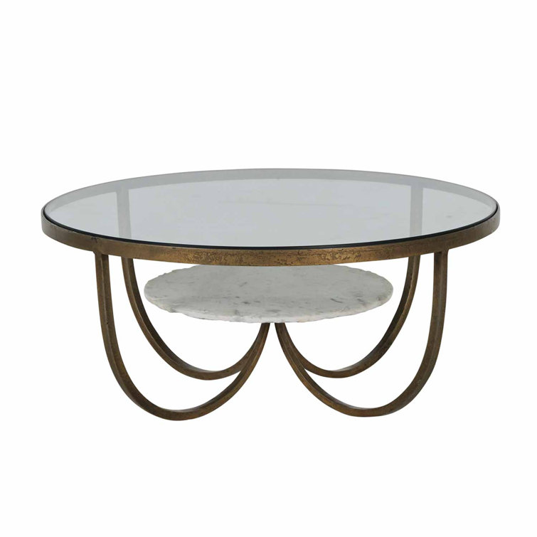 Round Champagne Forged Metal and Glass Coffee Table with Marble Shelf