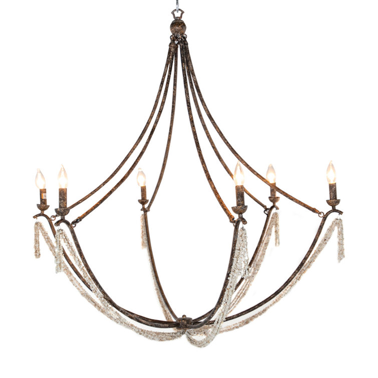 Rust Brown Metal and White Stone 6-Light Candle Chandelier