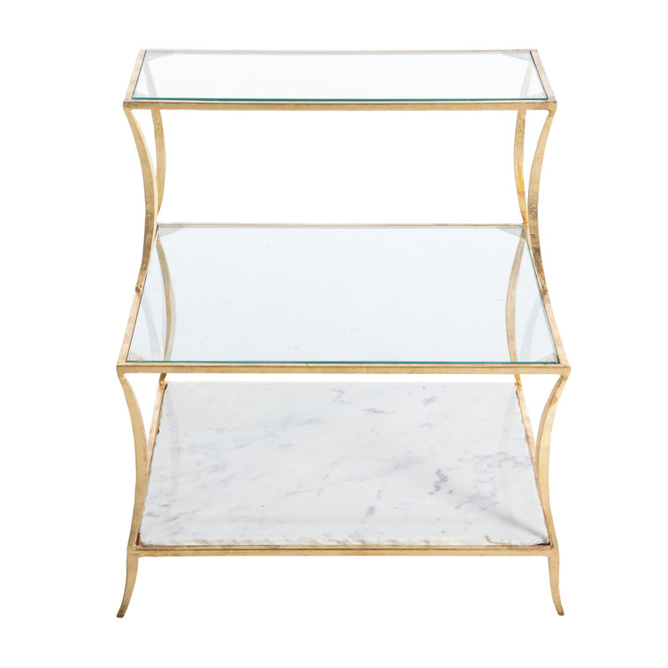 Gold Leafed Iron Frame Glass Top End Table with Marble Shelf