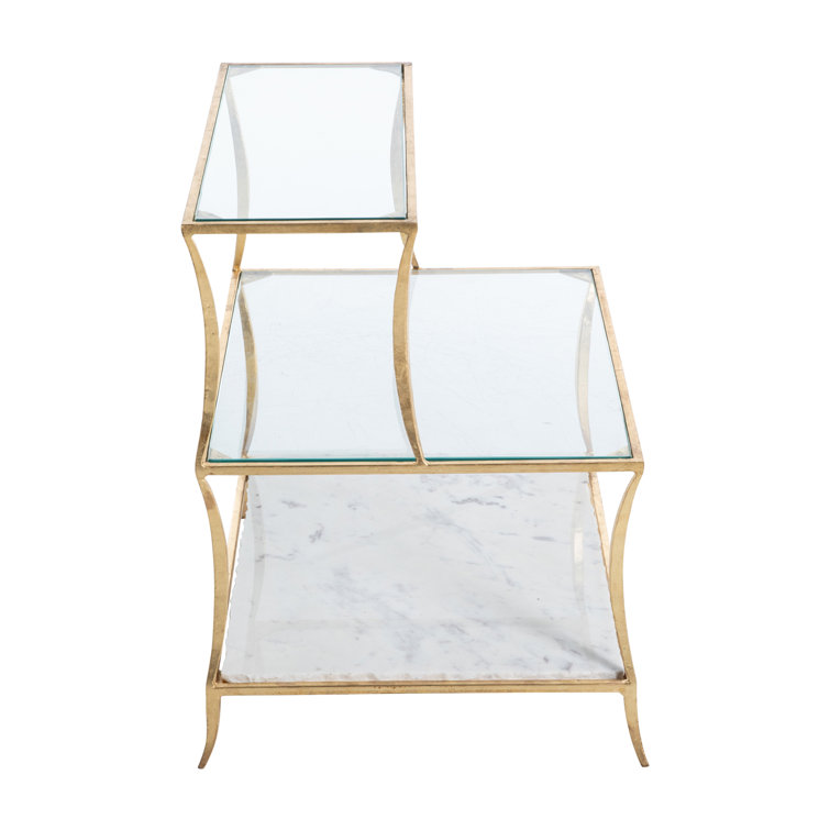 Gold Leafed Iron Frame Glass Top End Table with Marble Shelf