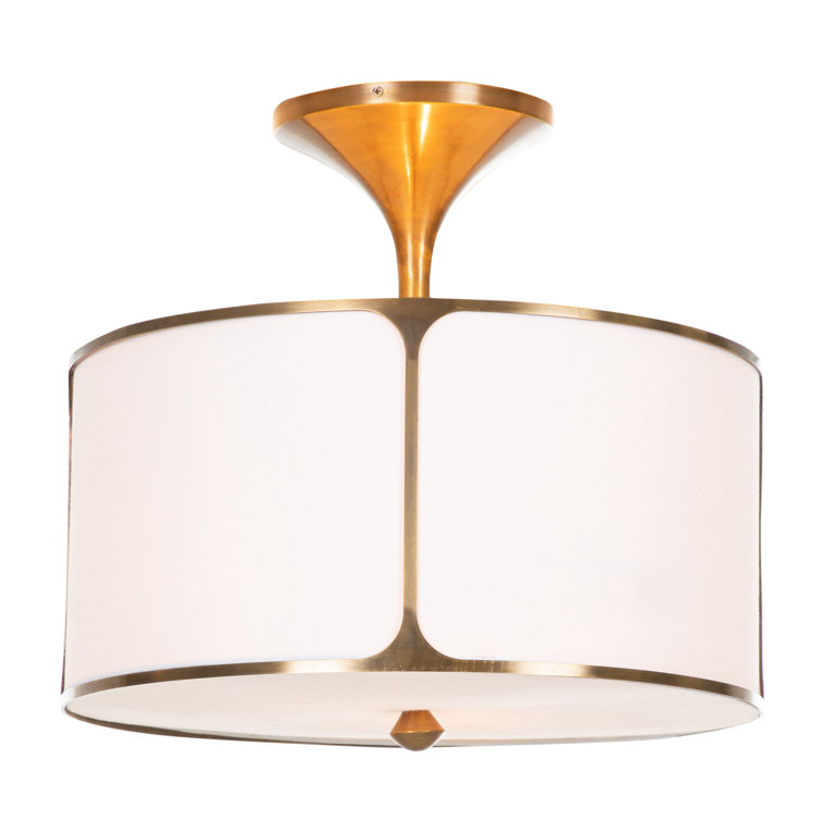 Aged Bronze and Salt Linen Drum Semi-Flush Mount Light
