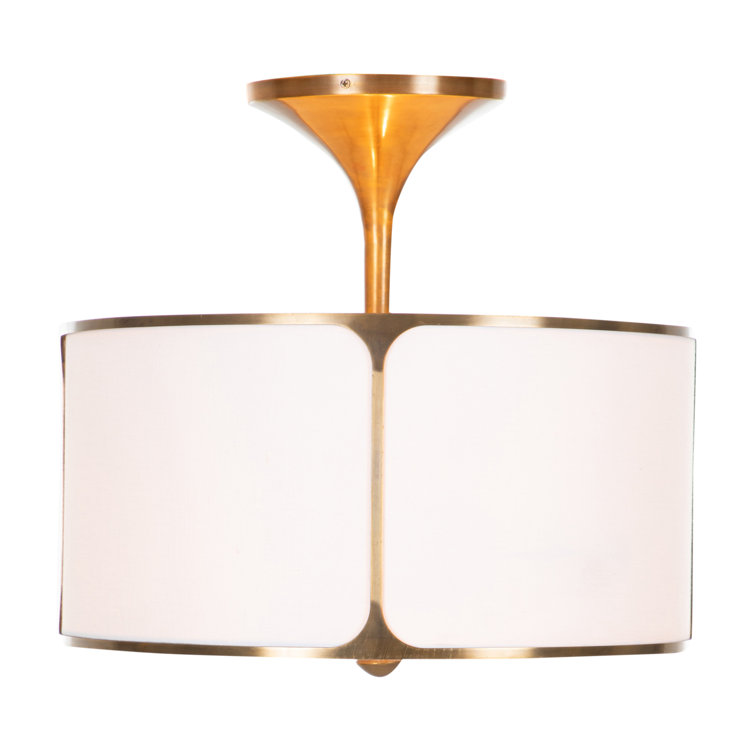 Aged Bronze and Salt Linen Drum Semi-Flush Mount Light