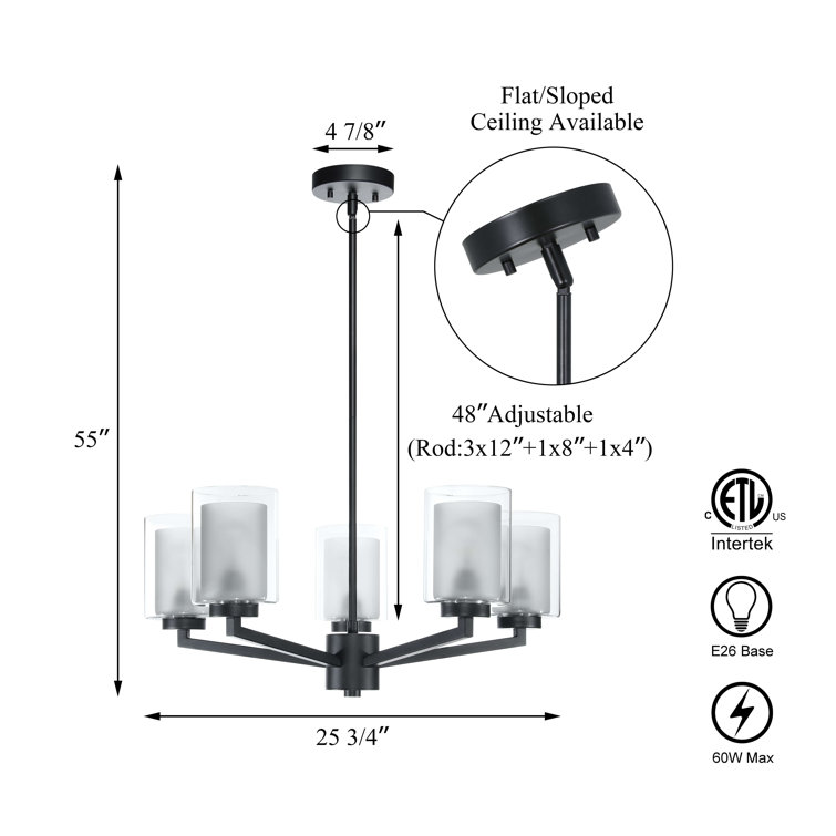 Matte Black 5-Light Adjustable Chandelier with Clear Glass Shades