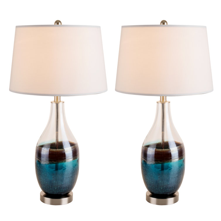 Set of 2 White Linen Shade Glass Bedside Lamps
