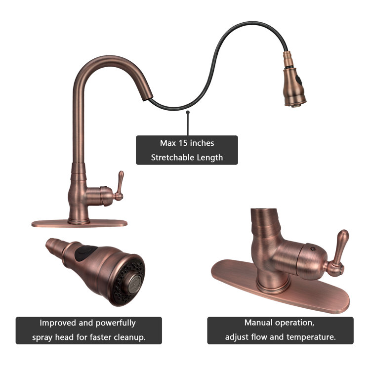 Antique Bronze Single Handle Pull-Down Kitchen Faucet with Deck Plate