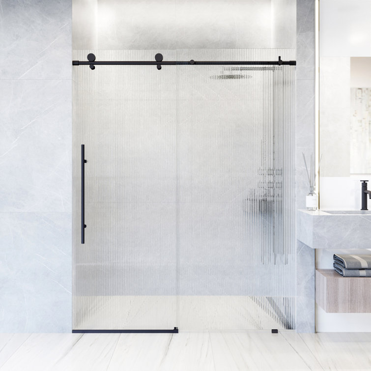 Matte Black Frameless Sliding Shower Door with Fluted Glass