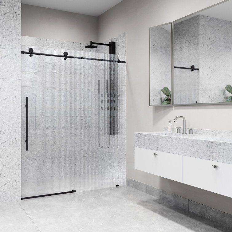 Matte Black Frameless Sliding Shower Door with Fluted Glass