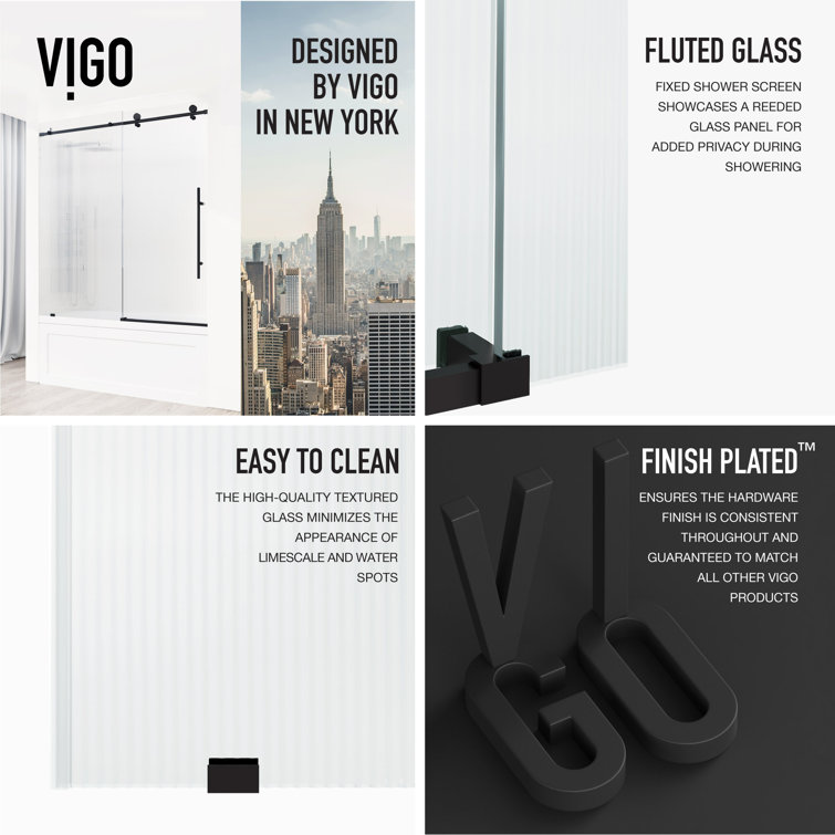 Elan E-Class 60" Matte Black Frameless Sliding Tub Door with Fluted Glass