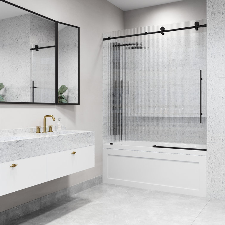 Elan E-Class 60" Matte Black Frameless Sliding Tub Door with Fluted Glass
