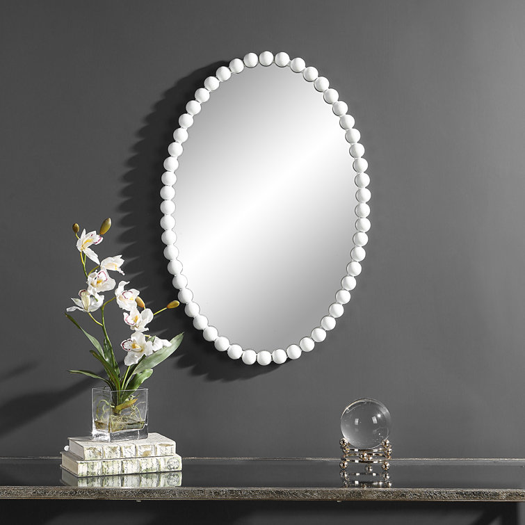 White Beaded Oval Metal Wall Mirror