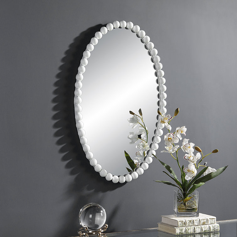 White Beaded Oval Metal Wall Mirror
