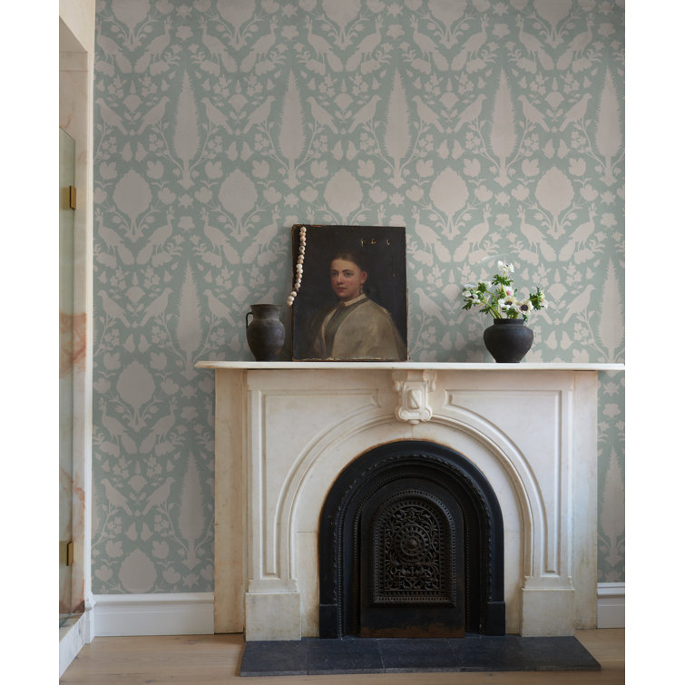 Bisque Non-Pasted Paper Wallpaper with Flora and Fauna Silhouettes