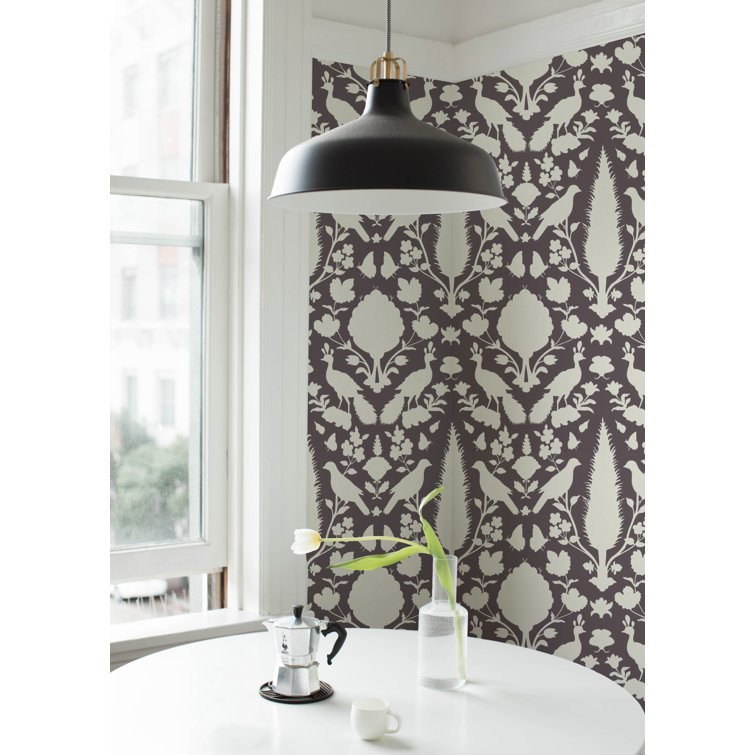 Bisque Non-Pasted Paper Wallpaper with Flora and Fauna Silhouettes