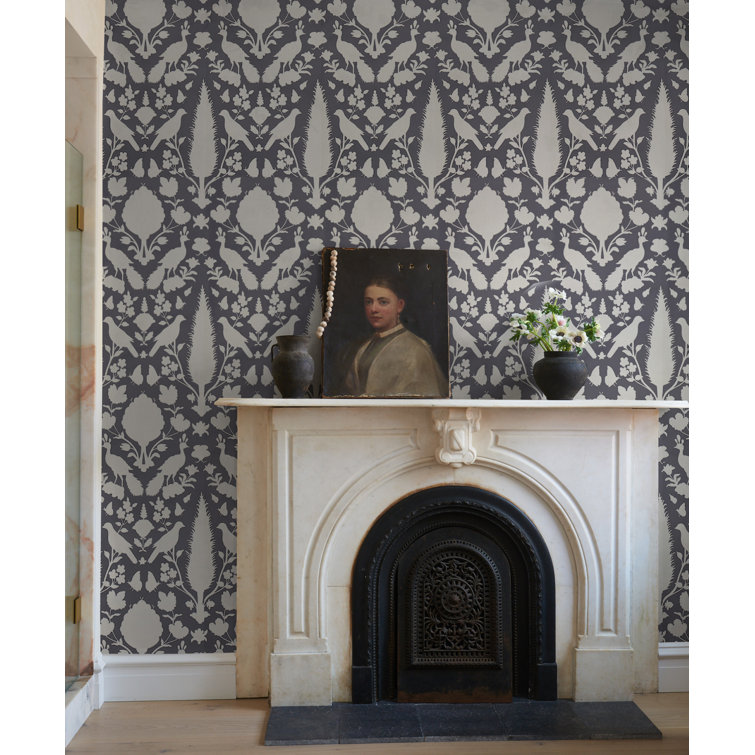 Bisque Non-Pasted Paper Wallpaper with Flora and Fauna Silhouettes
