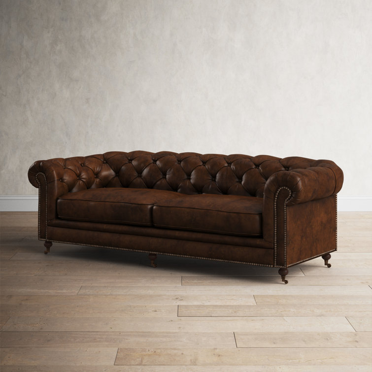 Idalia 87" Brown Leather Chesterfield Sofa with Rolled Arms