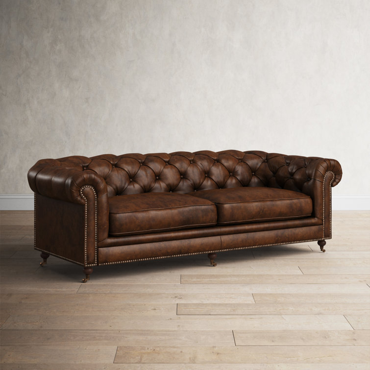 Idalia 87" Brown Leather Chesterfield Sofa with Rolled Arms