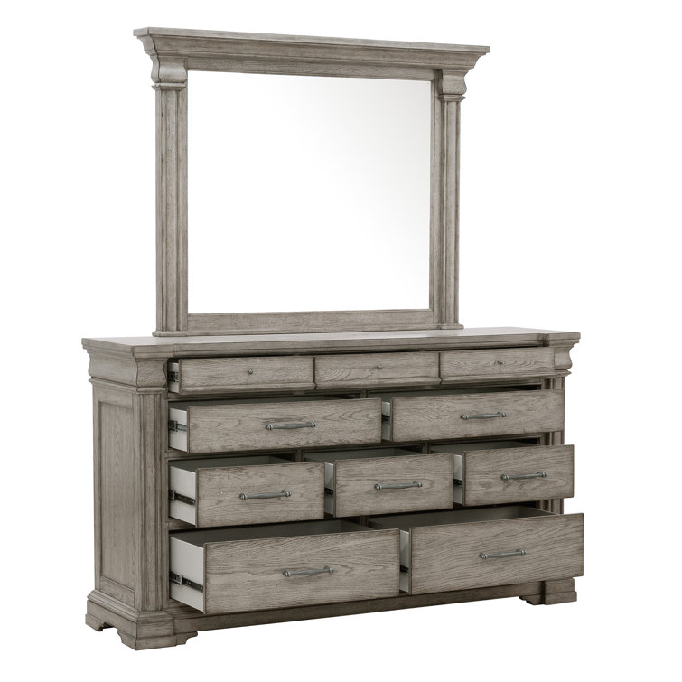 Gray Oak 10-Drawer Dresser with Mirror and Antique Silver Pulls