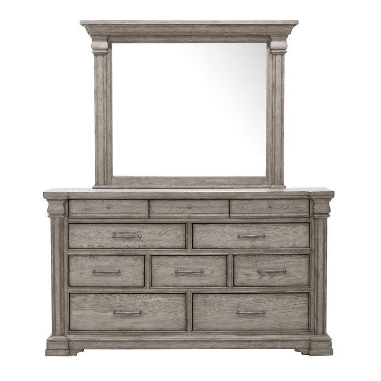 Gray Oak 10-Drawer Dresser with Mirror and Antique Silver Pulls
