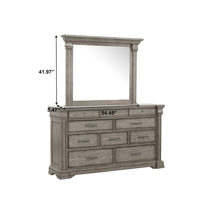 Gray Oak 10-Drawer Dresser with Mirror and Antique Silver Pulls