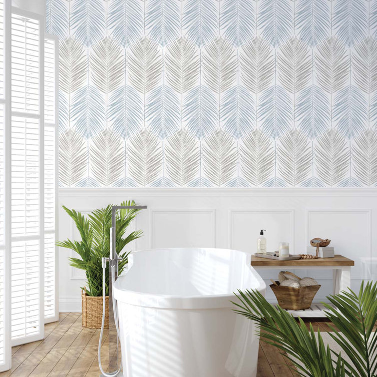 Blue Mist and Daydream Grey Palm Vinyl Peel and Stick Wallpaper Roll