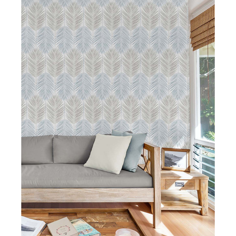 Blue Mist and Daydream Grey Palm Vinyl Peel and Stick Wallpaper Roll