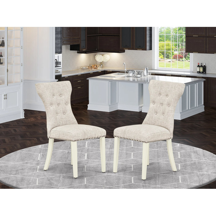 Doeskin Linen Upholstered High Back Side Chair Set with White Wood Legs