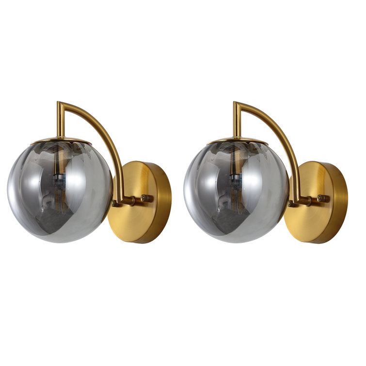 Smoke Gray and Brass Globe Wall Sconce Set