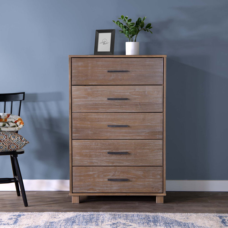 Weathered Pine Solid Wood 5-Drawer Chest with Metal Glides