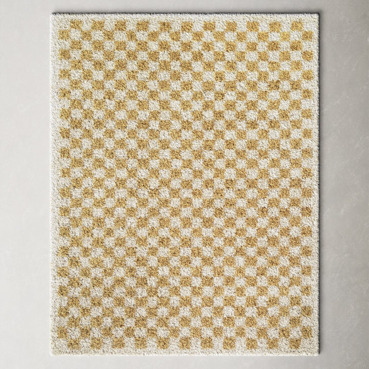 Geometric Beige and White Shag Rectangular Rug
