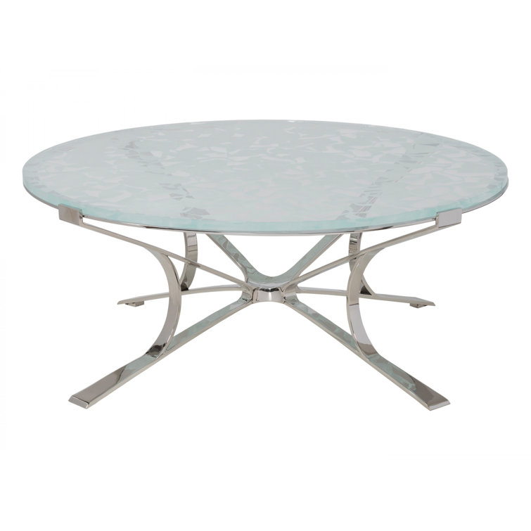 Round Blue and Silver Glass Metal Cocktail Table
