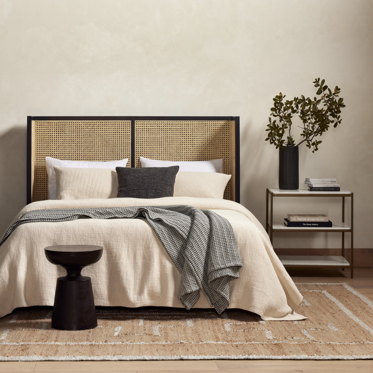 Contemporary King Panel Bed with Tufted Cane Headboard