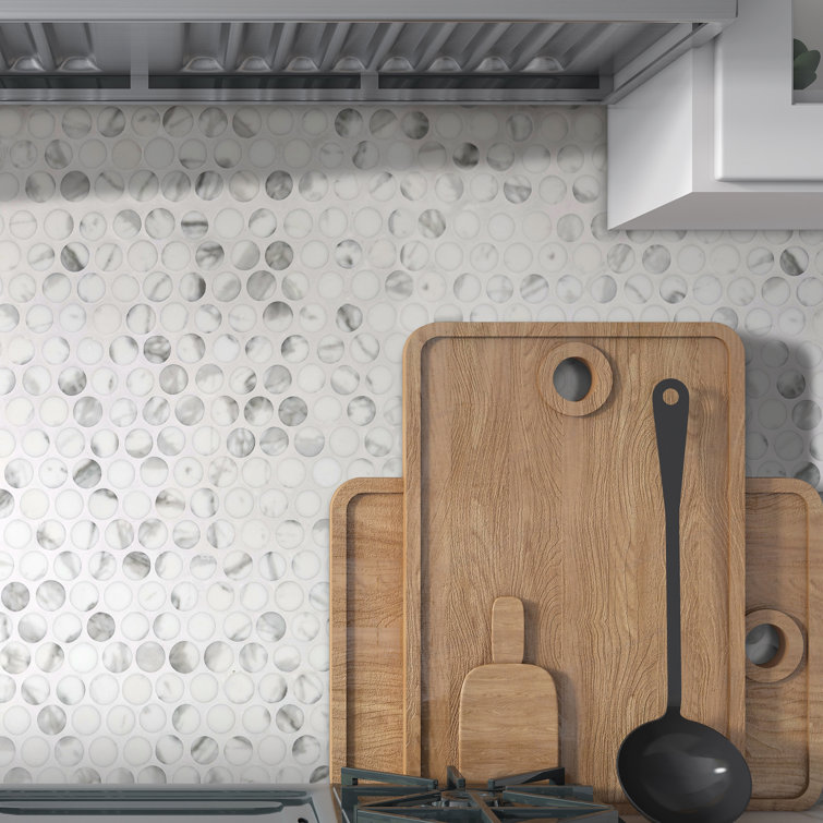 White Calacatta Matte Glass Penny Round Mosaic Tile