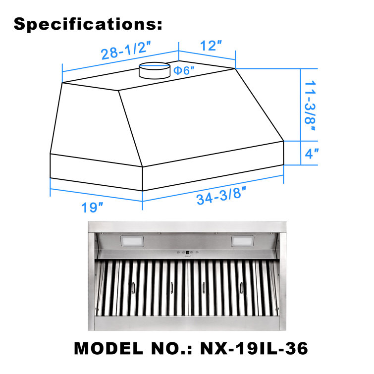 36" Stainless Steel Insert Range Hood with LED Lights and Baffle Filters