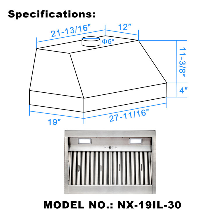 Akicon 30" Stainless Steel Charcoal Filtered Insert Range Hood
