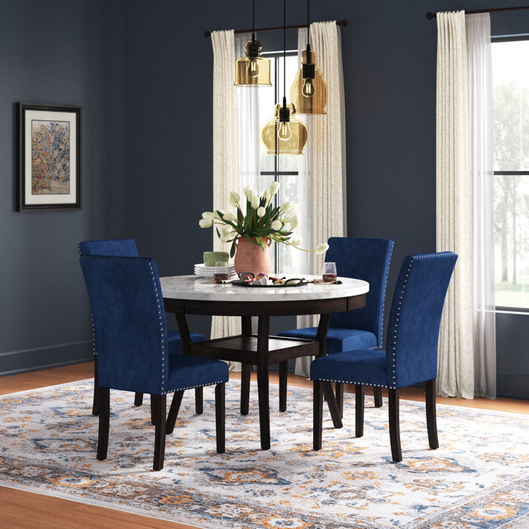 Celeste 5-Piece Blue Velvet and Faux Marble Dining Set
