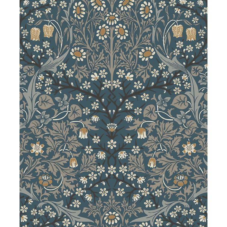 Aegean Blue and Warm Stone Floral Peel and Stick Wallpaper