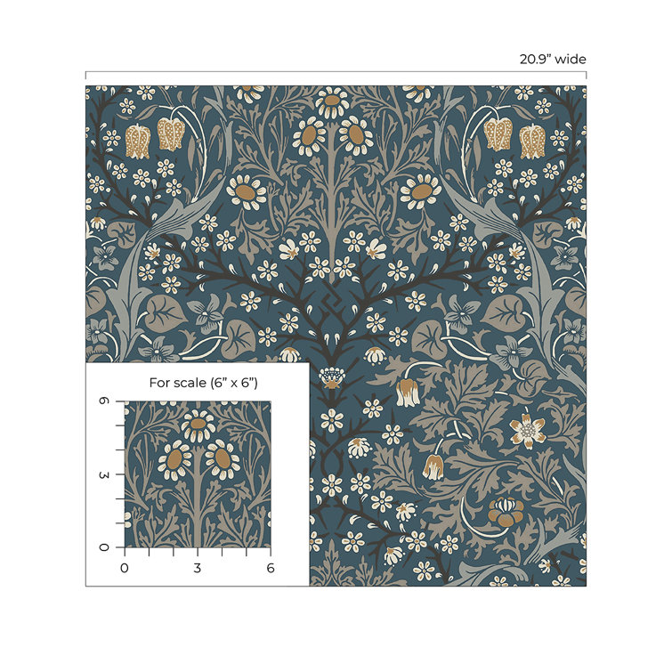 Aegean Blue and Warm Stone Floral Peel and Stick Wallpaper