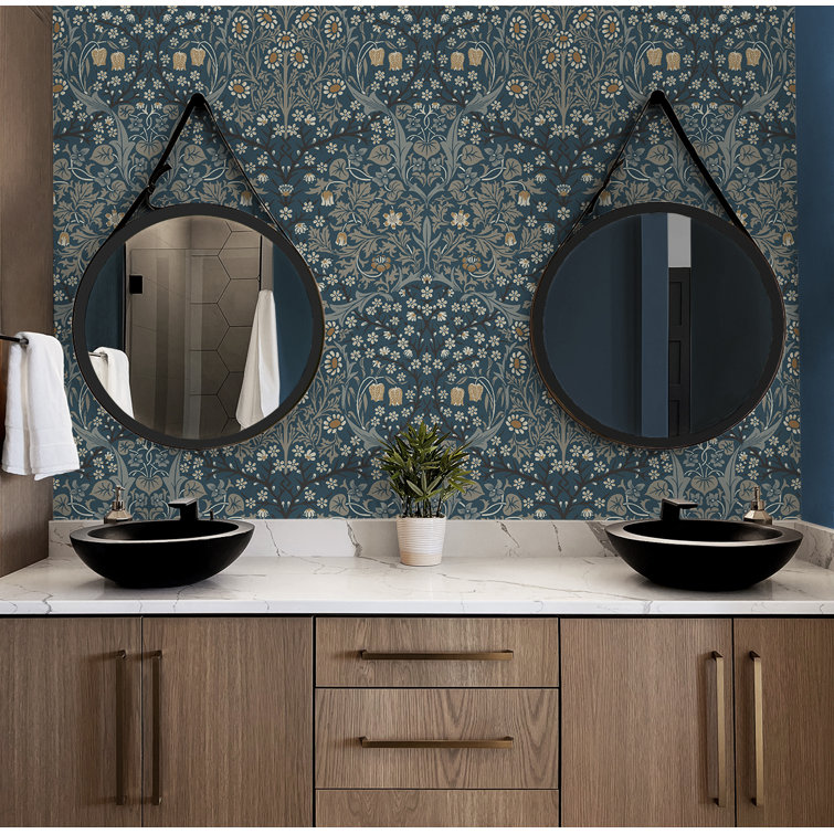 Aegean Blue and Warm Stone Floral Peel and Stick Wallpaper