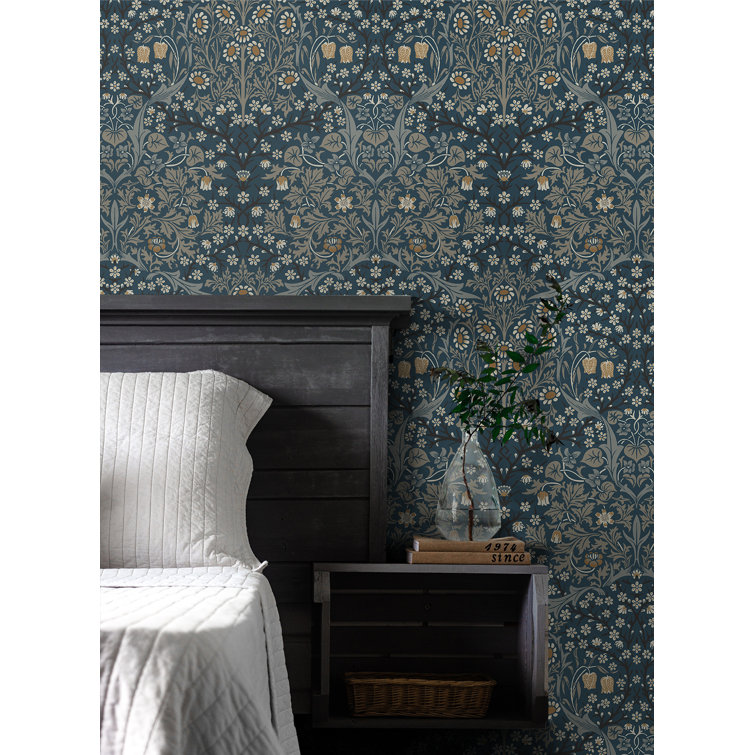 Aegean Blue and Warm Stone Floral Peel and Stick Wallpaper