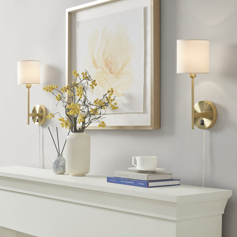 Elegant Gold Metal Wall Sconce with Cream Cylinder Shade - Set of 2